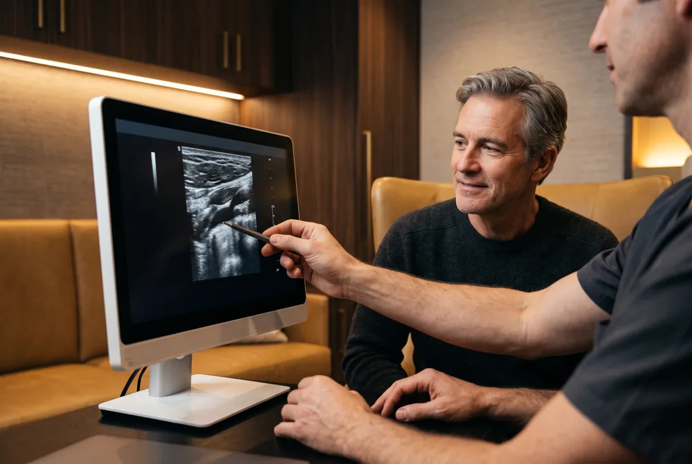 Arzt zeigt einem Patienten ein Ultraschallbild am Monitor
